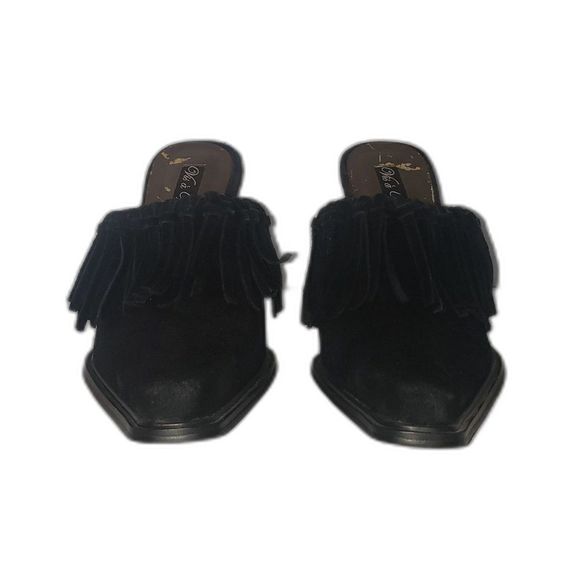 VINTAGE Vis a Vie Black Suede Fringe Mules Heels Bootie Square Toe Shoes Size 7 - Picture 4 of 11